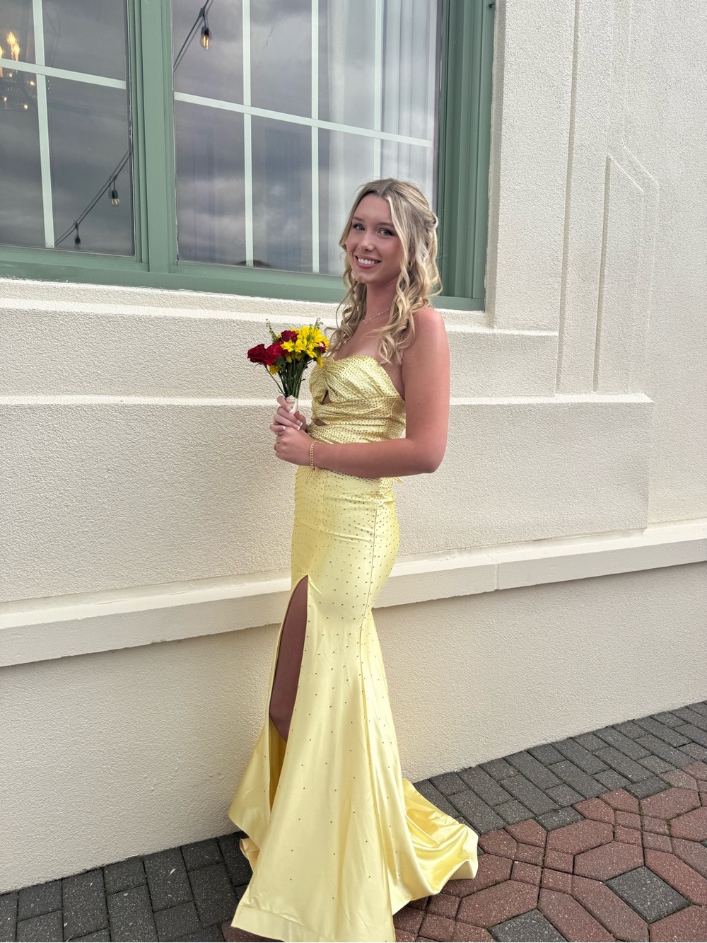 Jovani Pale Yellow Strapless Sweetheart Prom Gown with High Slit